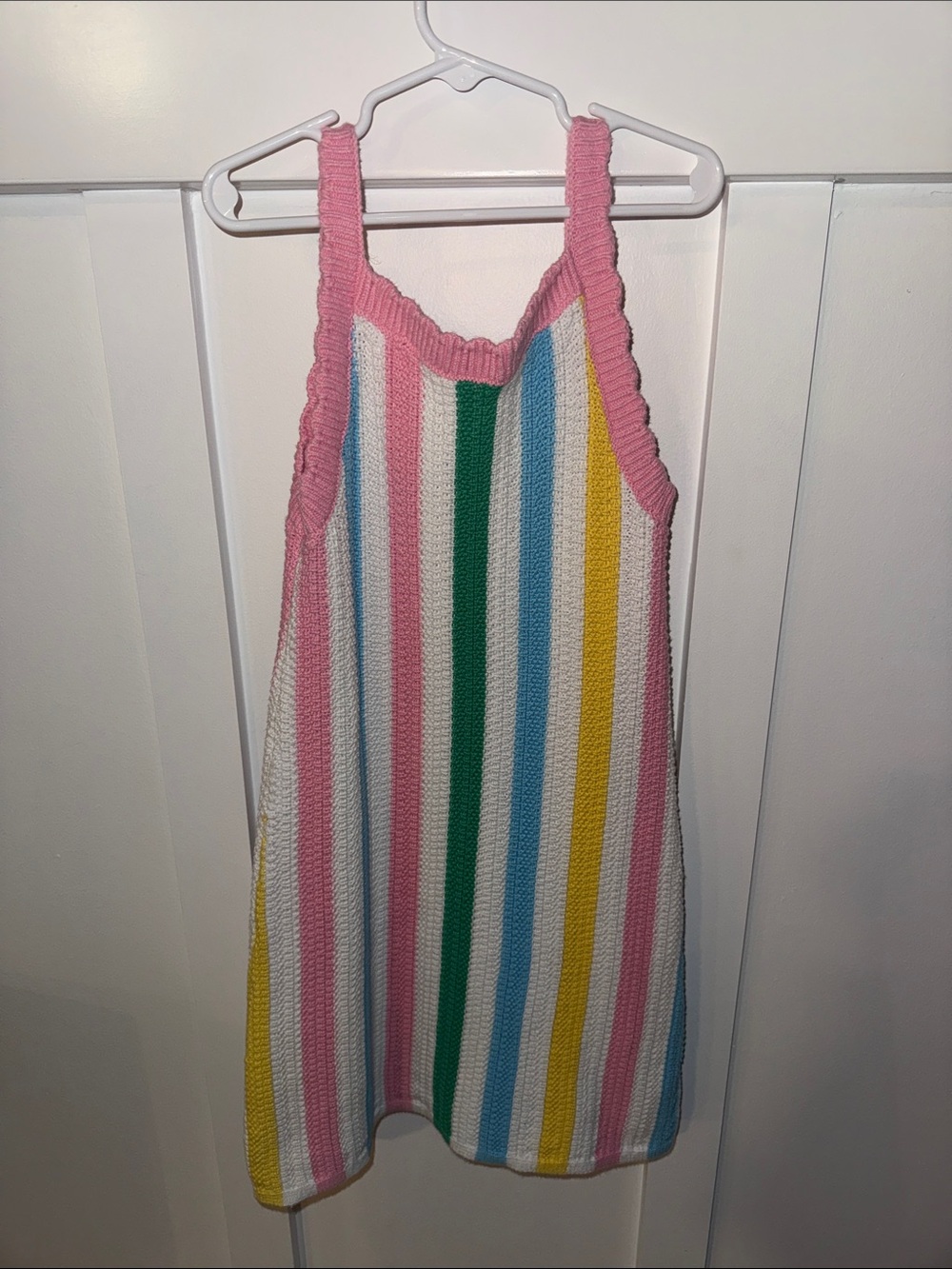 Girls Old Navy Rainbow Striped Knit Tank crocheted Dress - Pink Trim